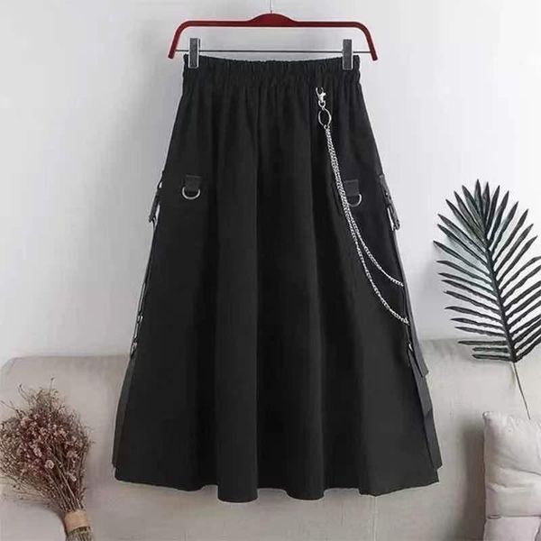 skirts long skirt black chain pocket high waist midi women summer harajuku punk streetwear mall goth hip hop